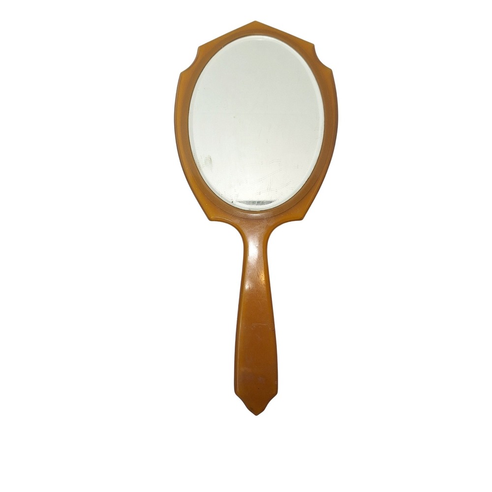 Vintage Art Deco Celluloid Hand Mirror Yellow Pearloid Monogram Amber‎ Tone 14"